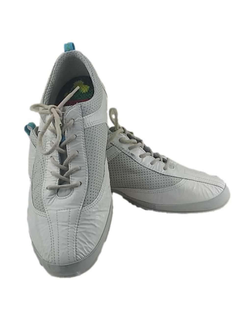 Ecco White Leather Perforated Suede Almond Toe Lace Up Low Top Sneaker Shoe